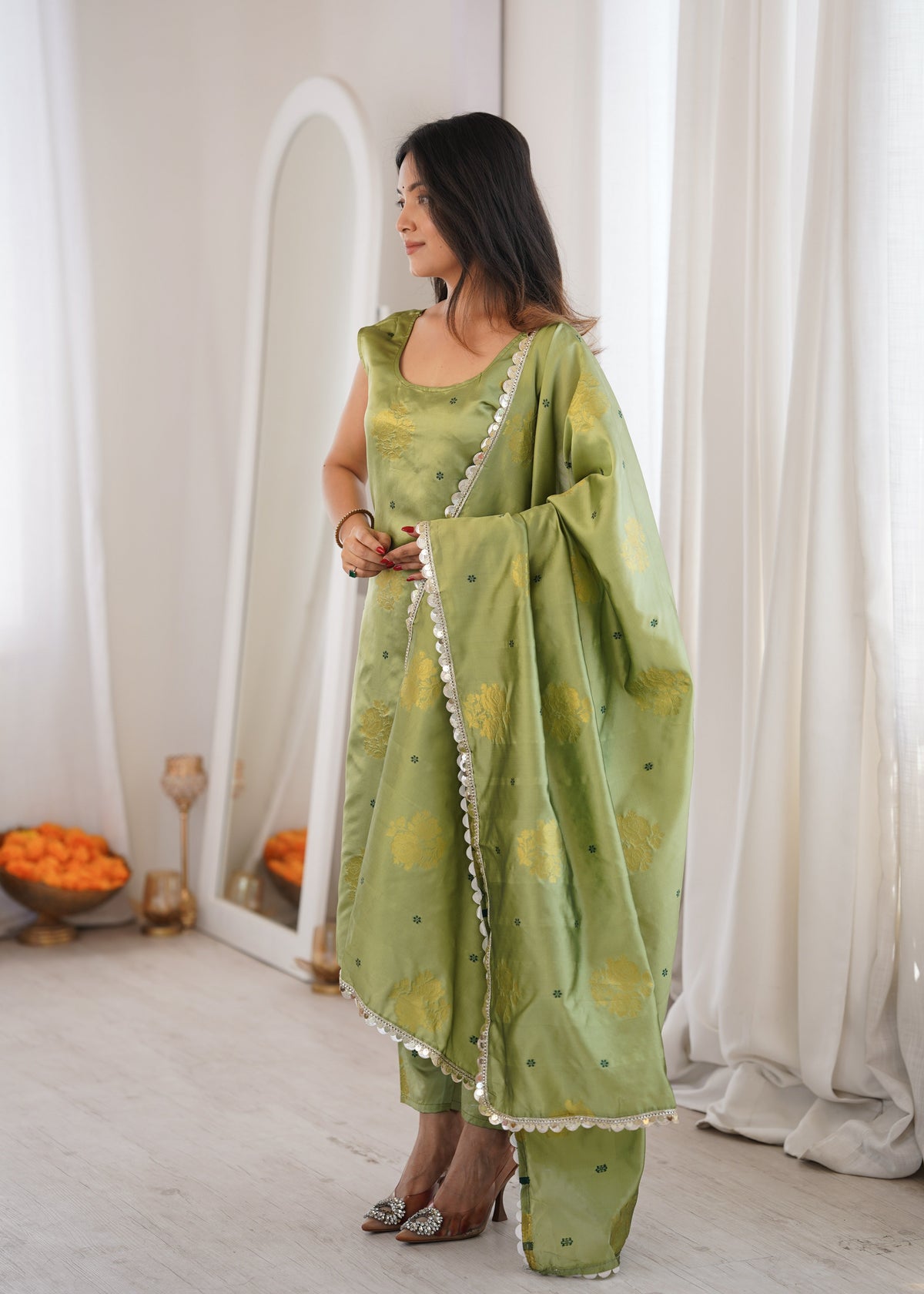 Light Green Aura Chanderi Jacquard Suit Ensemble