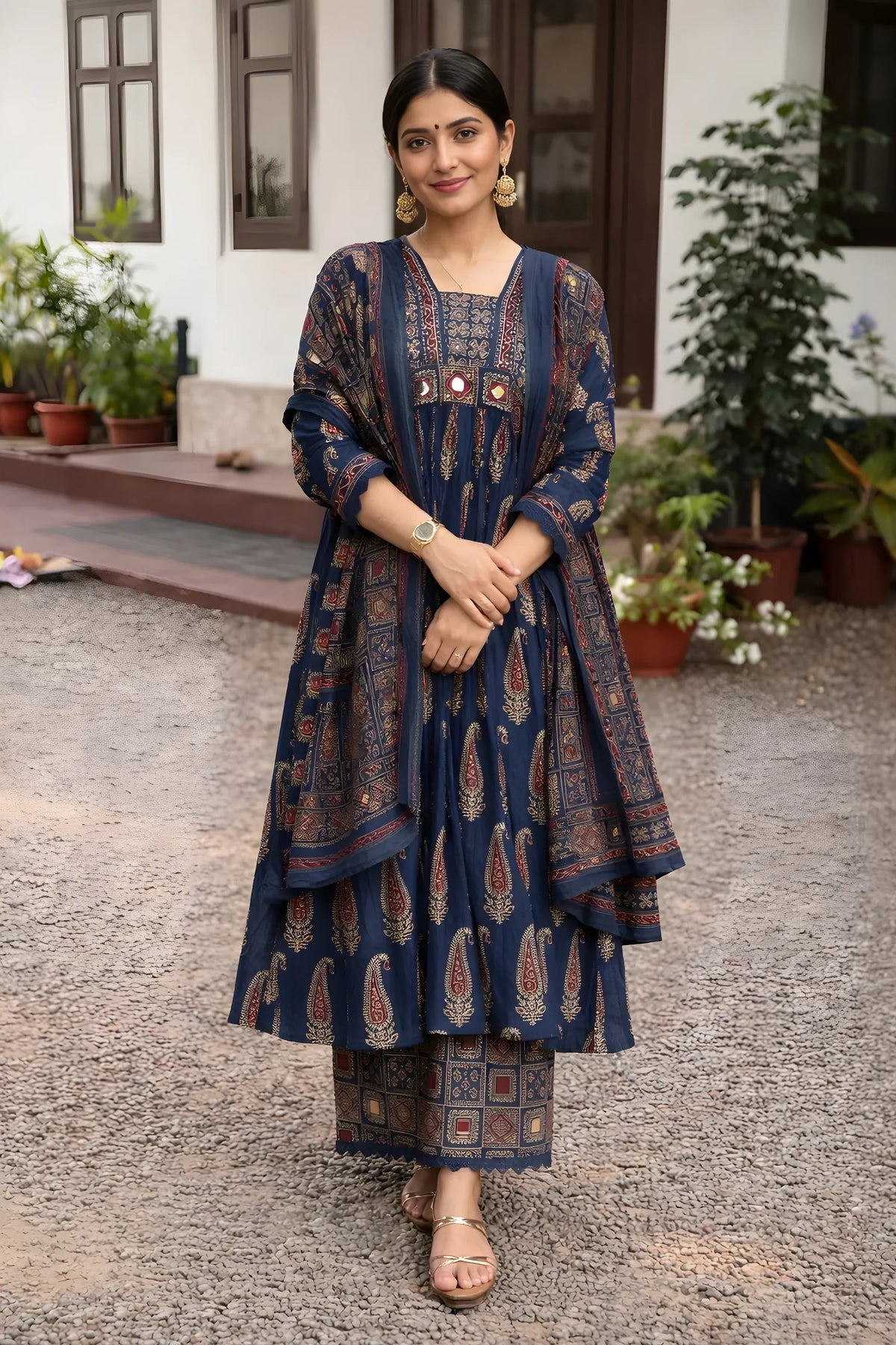 Jaipuri Cotton Navy Patterned Anarkali Kurti, Pant & Dupatta Ensemble