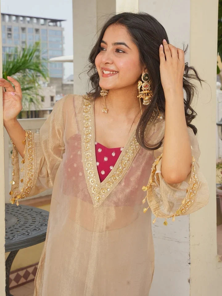 Women’s Golden Tissue Silk Embroidered Kurta & Palazzo Set