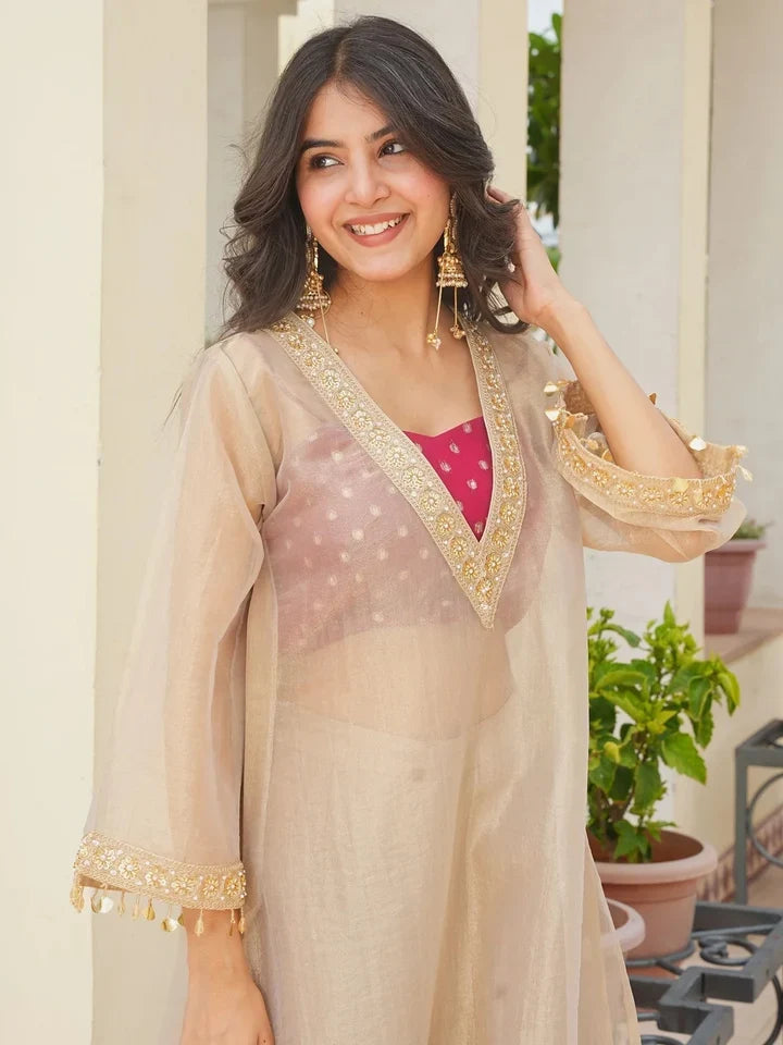 Women’s Golden Tissue Silk Embroidered Kurta & Palazzo Set