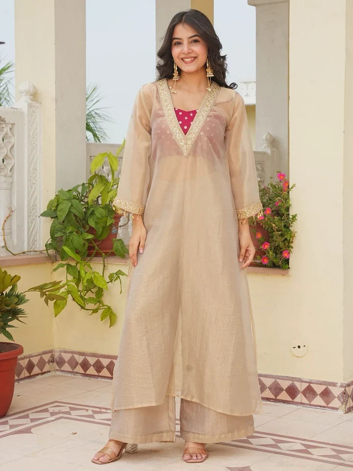 Women’s Golden Tissue Silk Embroidered Kurta & Palazzo Set
