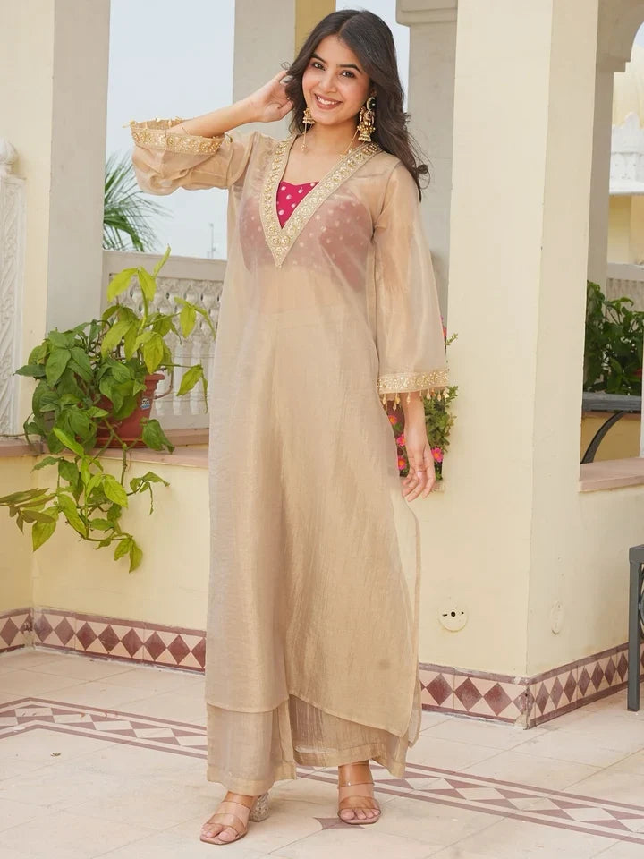 Women’s Golden Tissue Silk Embroidered Kurta & Palazzo Set