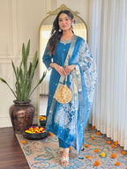 Teal Blue Embroidered Chanderi Kurta Pant Set