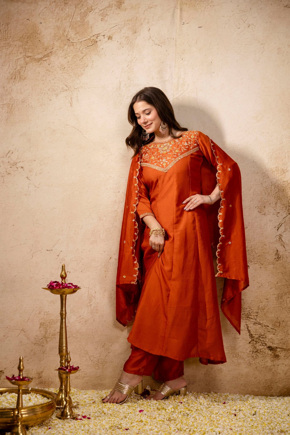 Orange Embroidered Vichitra Silk Anarkali Kurta Set