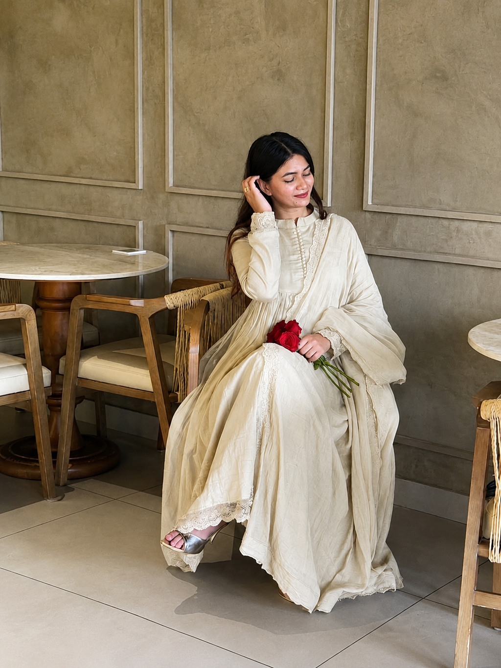 Graceful White Anarkali Suit Ensemble with Matching Dupatta for Women