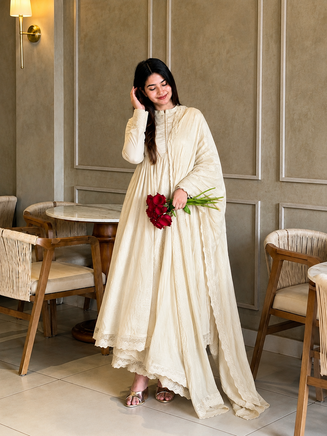 Graceful White Anarkali Suit Ensemble with Matching Dupatta for Women