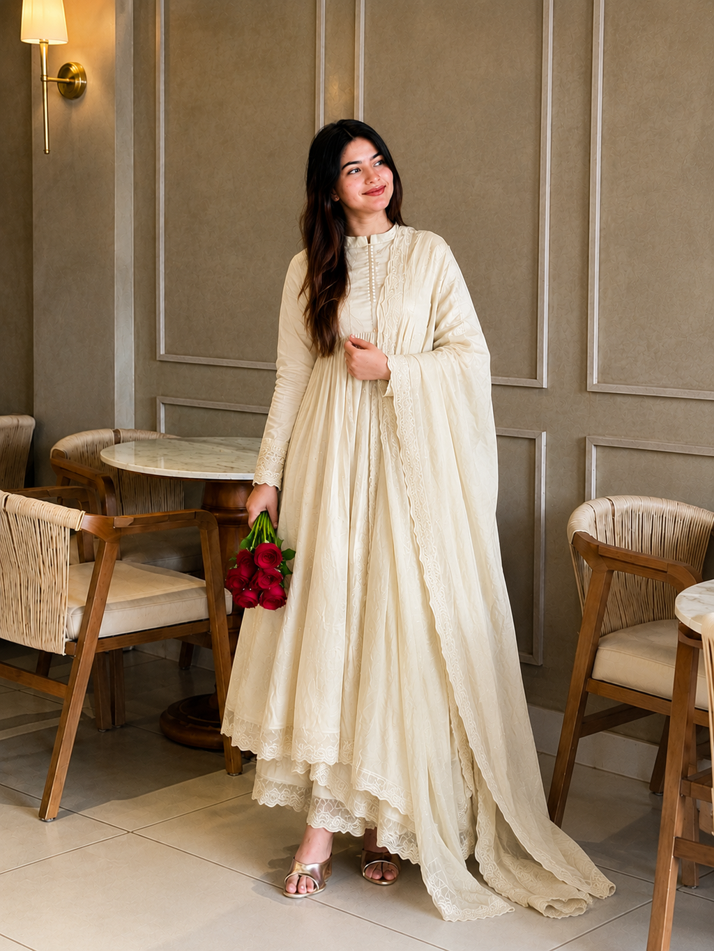 Graceful White Anarkali Suit Ensemble with Matching Dupatta for Women
