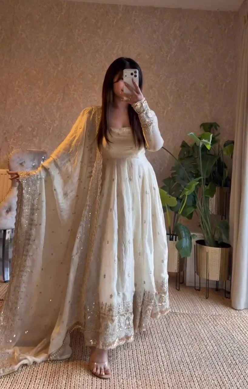 Ivory Fandy Silk Embellished Anarkali Suit Ensemble
