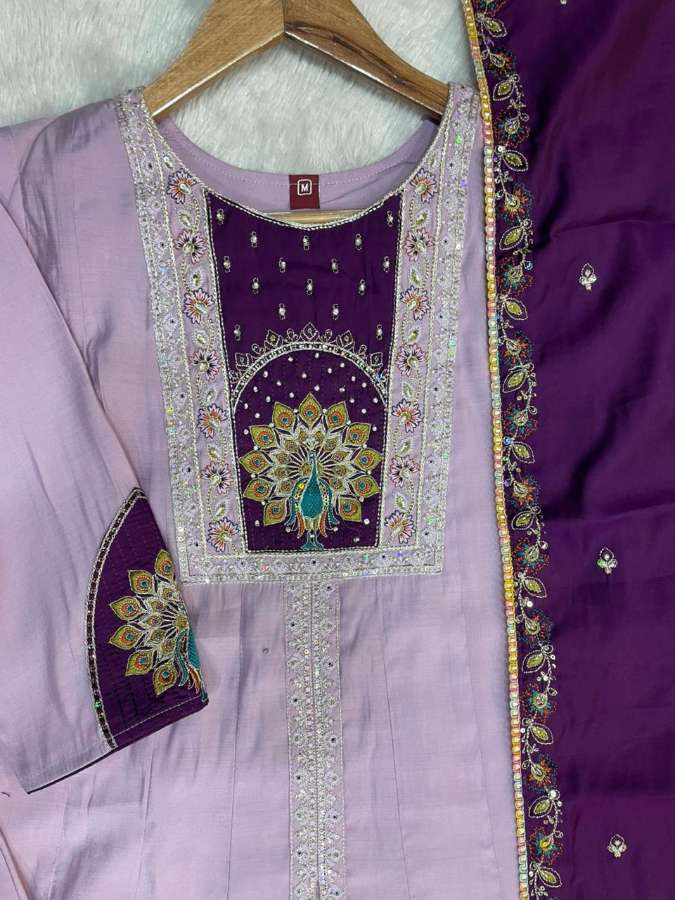Graceful Light Lovender Roman Silk Kurti Ensemble