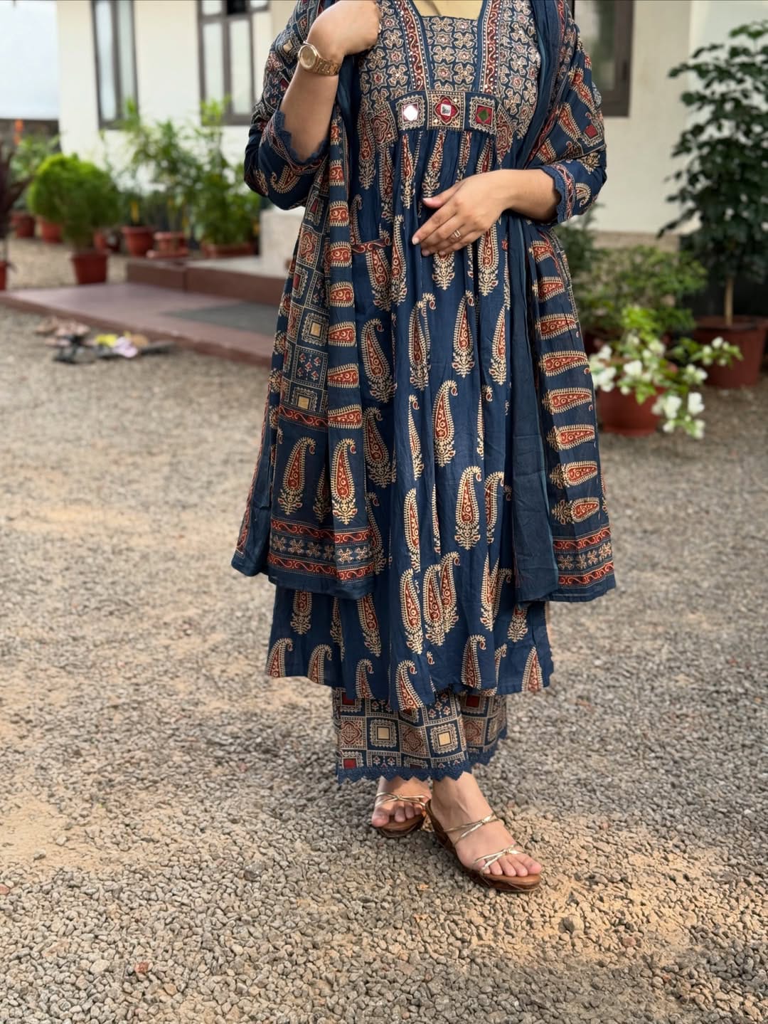 Jaipuri Cotton Navy Patterned Anarkali Kurti, Pant & Dupatta Ensemble