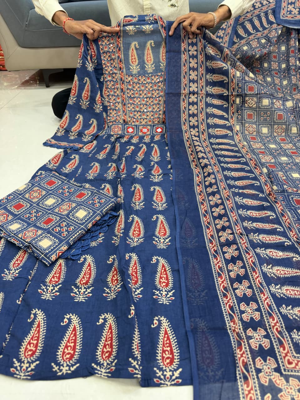Jaipuri Cotton Navy Patterned Anarkali Kurti, Pant & Dupatta Ensemble