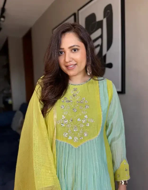 Emerald Green & Lime Yellow Embellished Anarkali Suit Ensemble