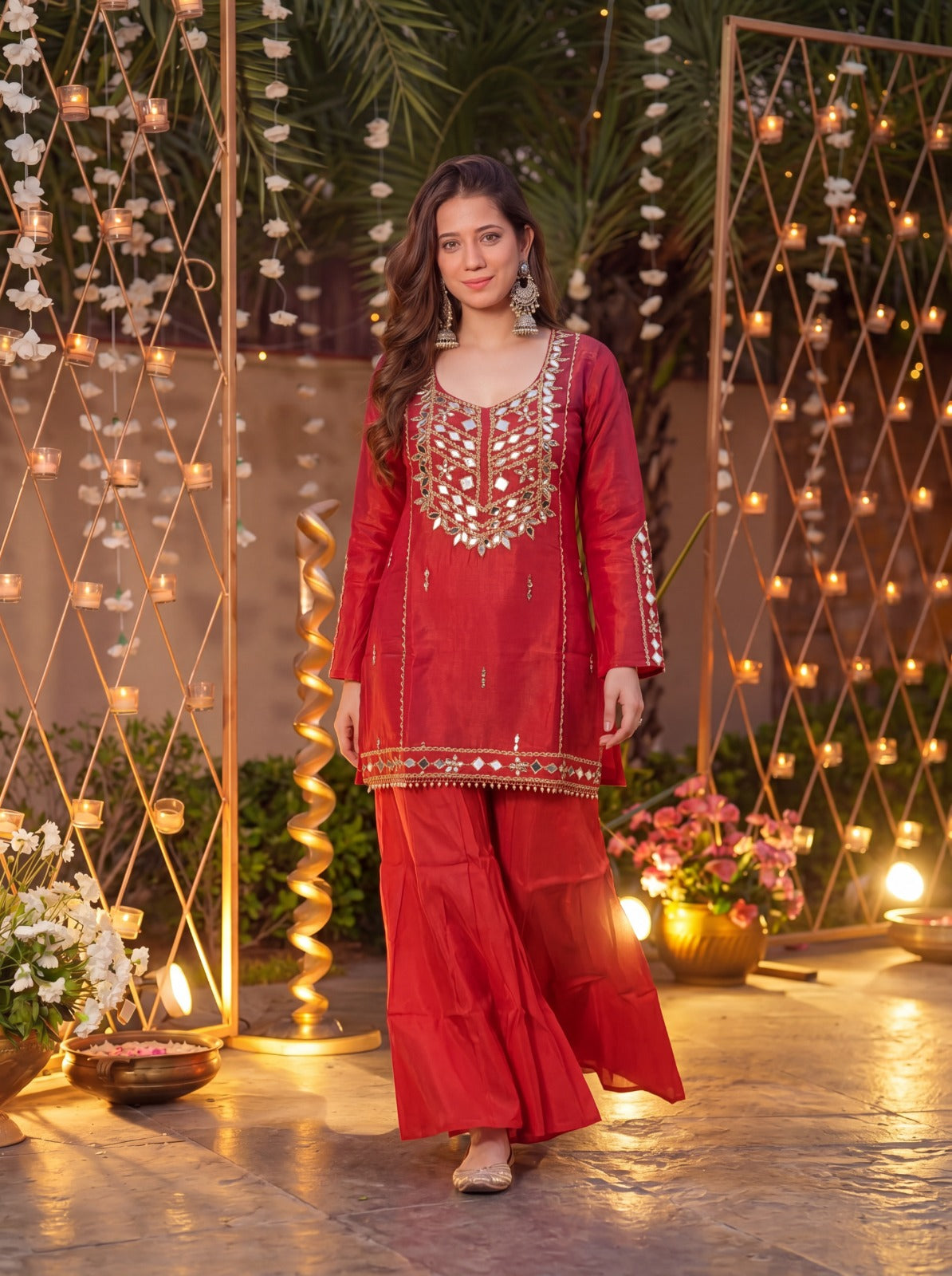 Royale Rust Orange Roman Silk Kurta Sharara Pant