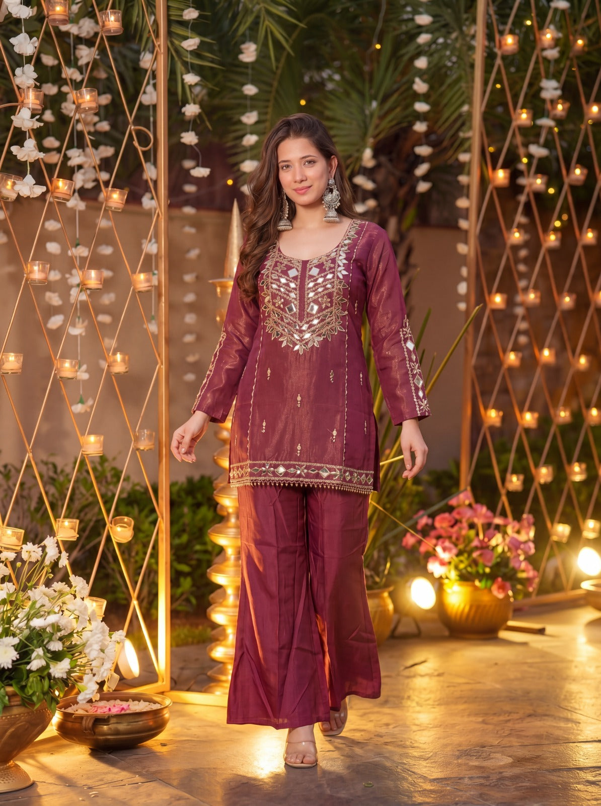 Royale Wine Roman Silk Sharara Kurta Pant