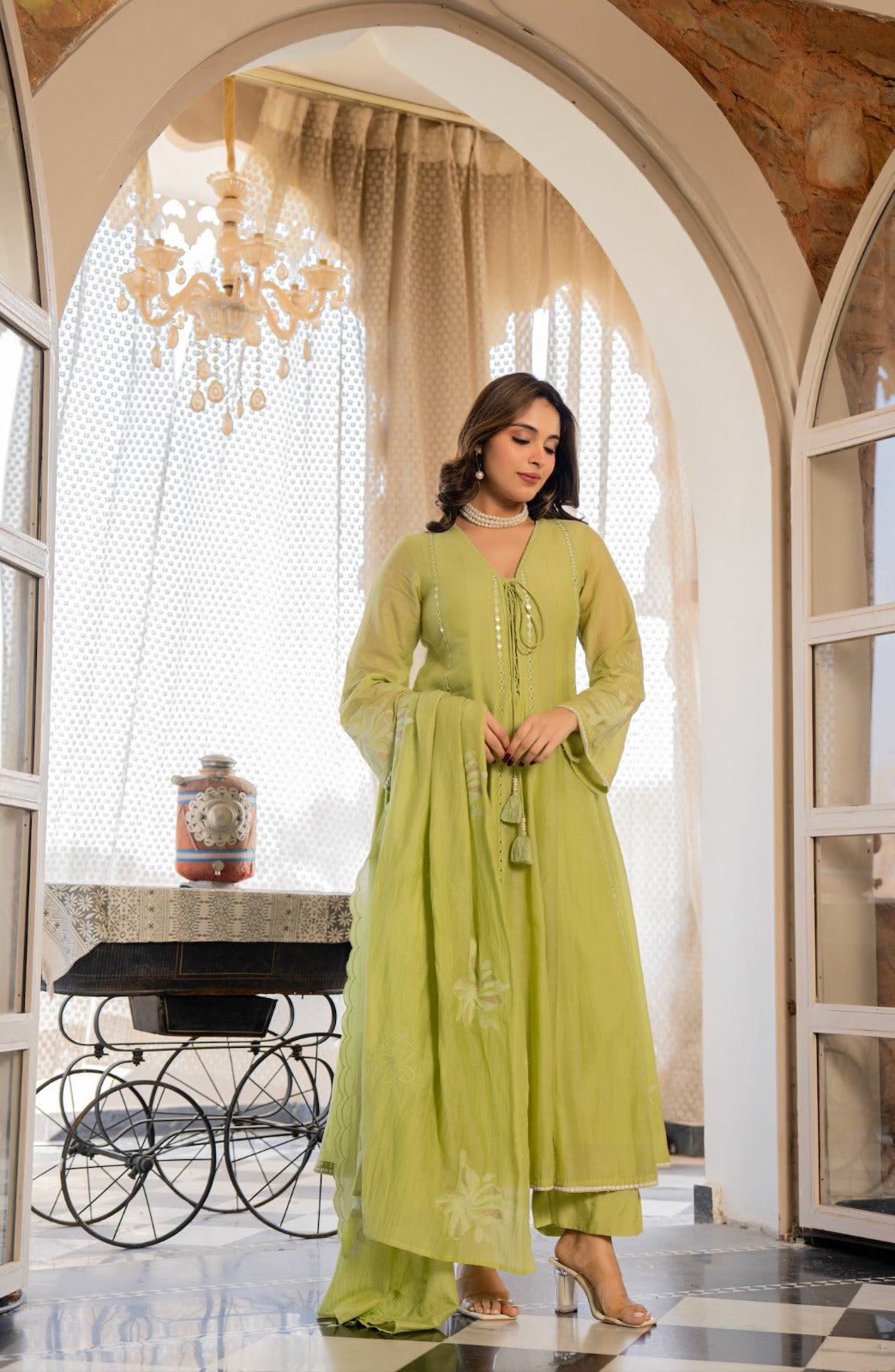 Pista Bloom Embroidered Anarkali Kurta Set