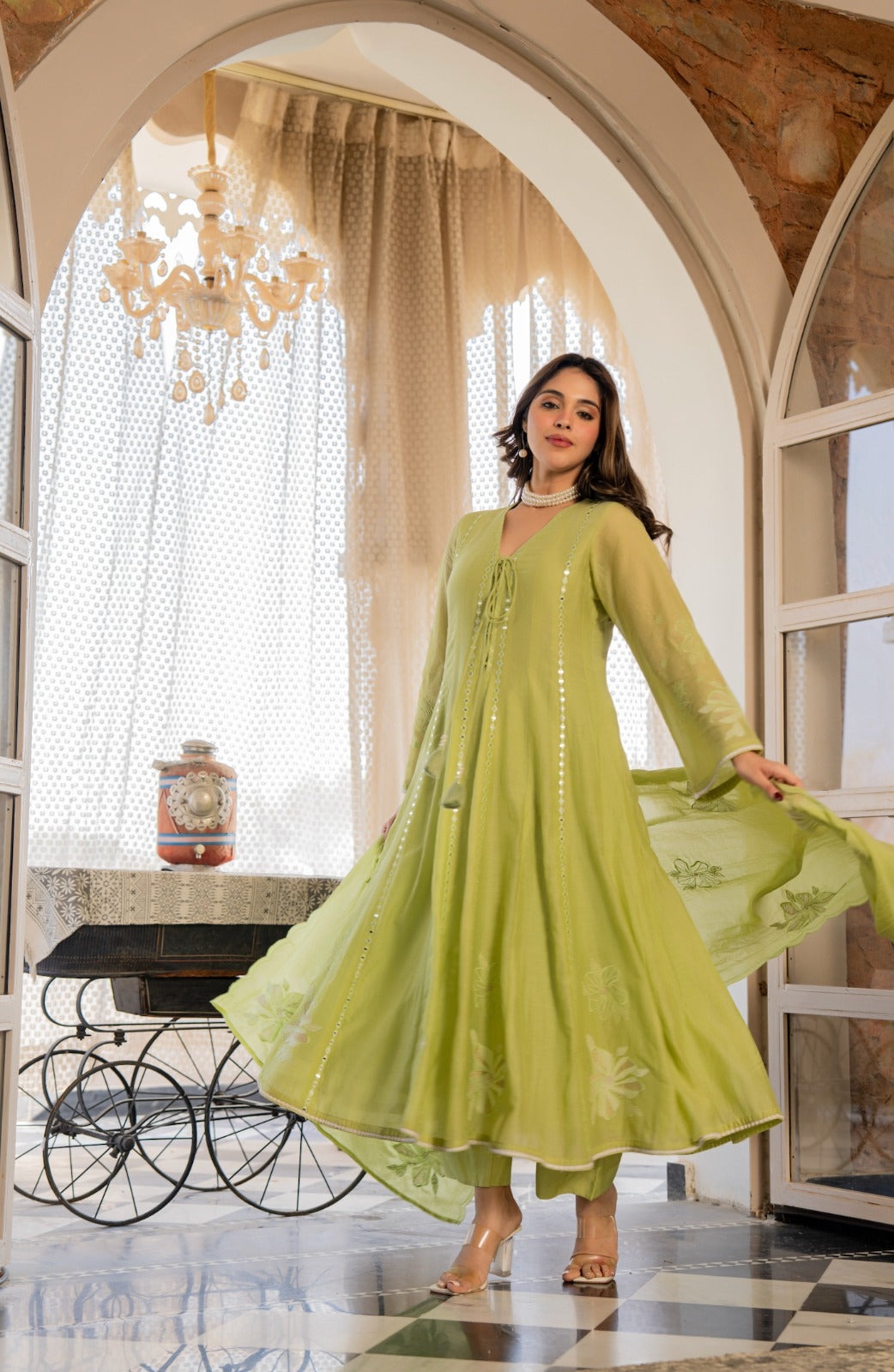 Pista Bloom Embroidered Anarkali Kurta Set