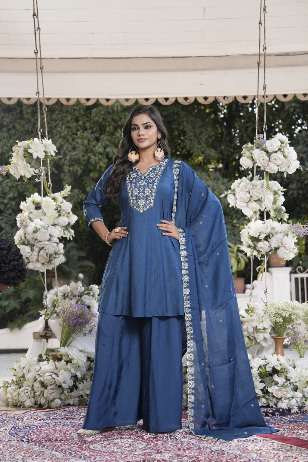 Navy Blue Embroidered Kurta Palazzo Set