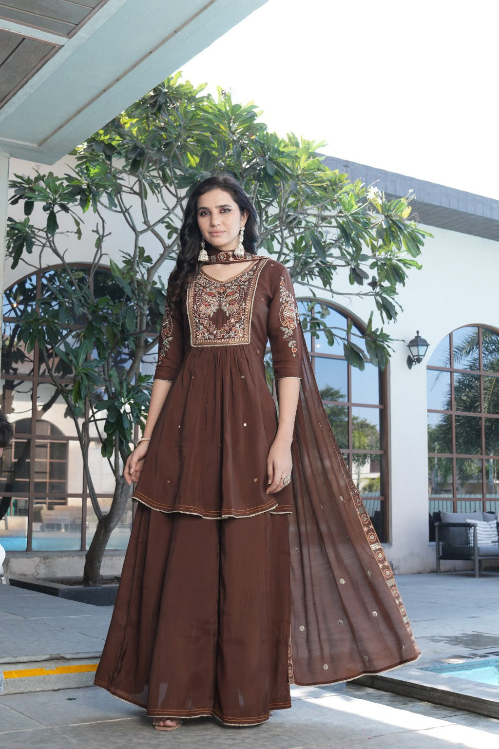 Chocolate Brown Embroidered Anarkali Sharara Set