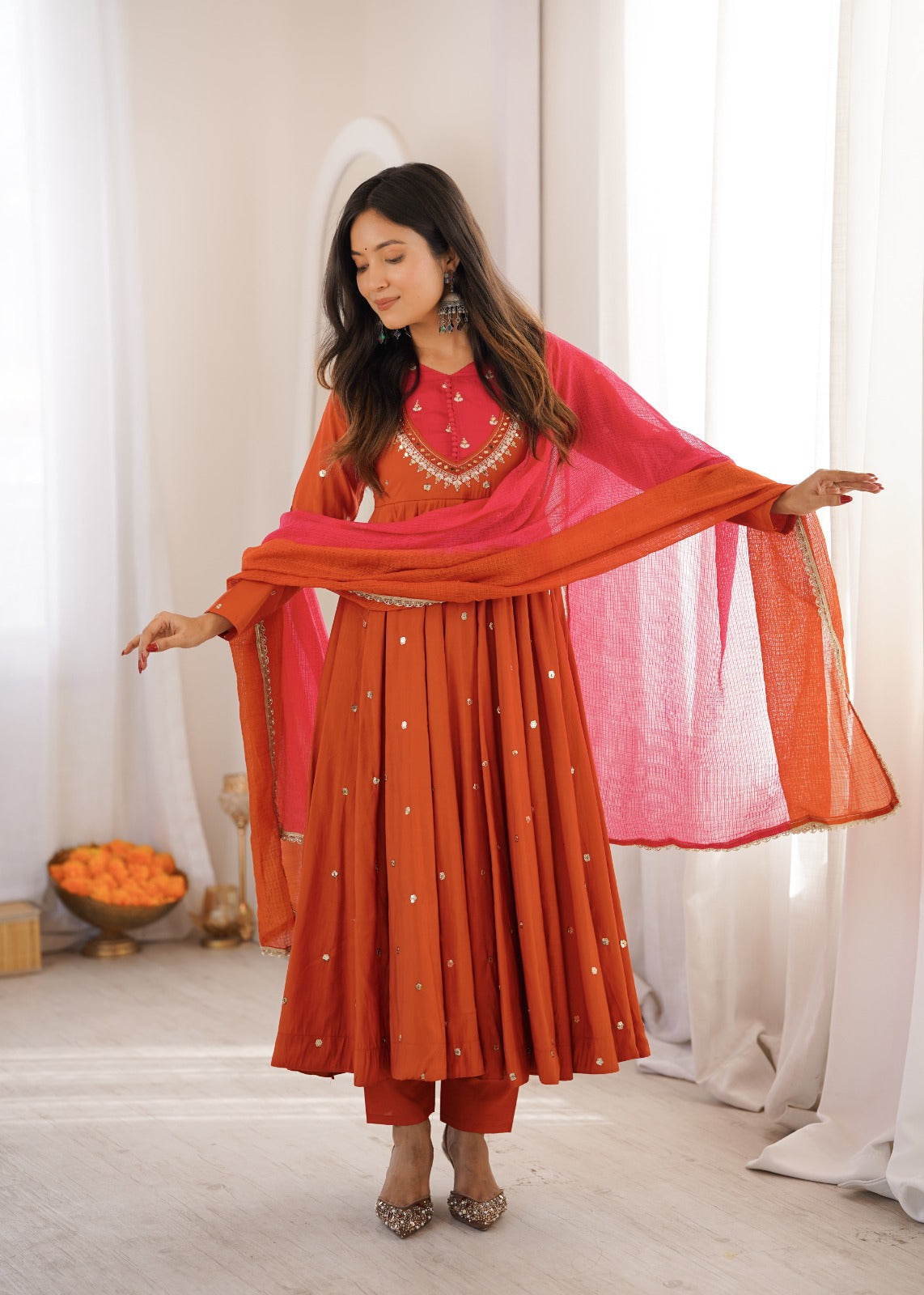 Rust Orange Embroidered Anarkali Pant Set With Dupatta