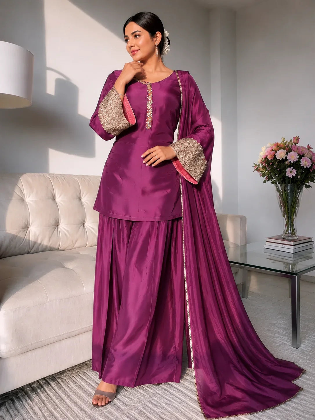 Wine Jacquard Work Embroidered Farshi Kurta Set