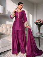 Wine Jacquard Work Embroidered Farshi Kurta Set