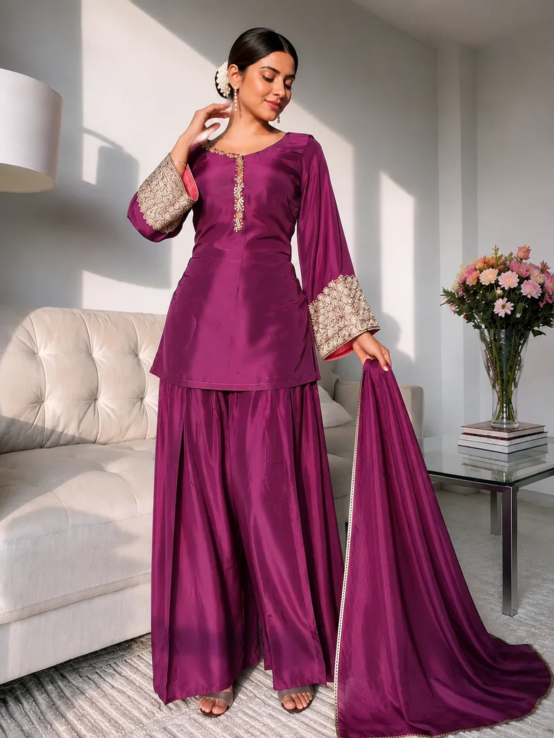 Wine Jacquard Work Embroidered Farshi Kurta Set
