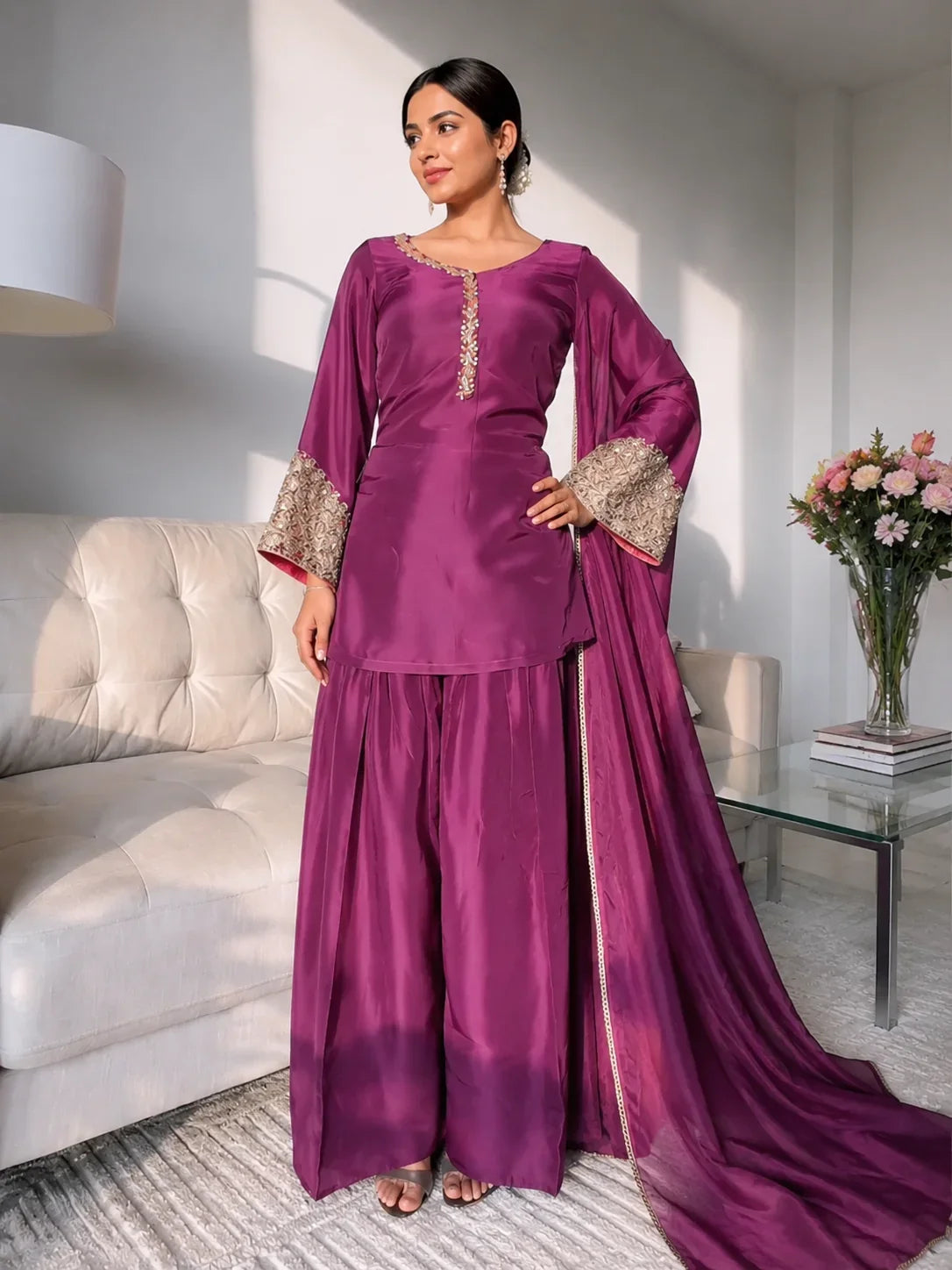 Wine Jacquard Work Embroidered Farshi Kurta Set