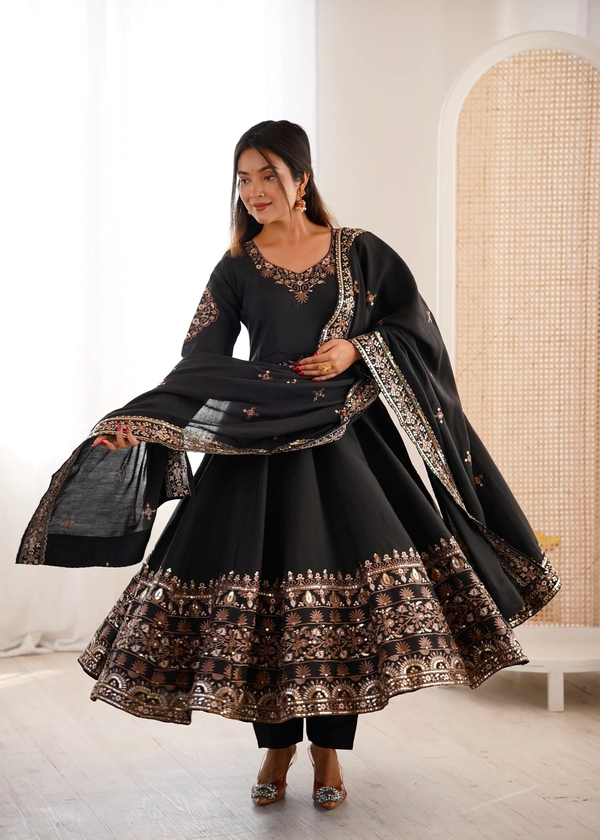 Midnight Black Embellished Roman Silk Kurta & Pant Ensemble