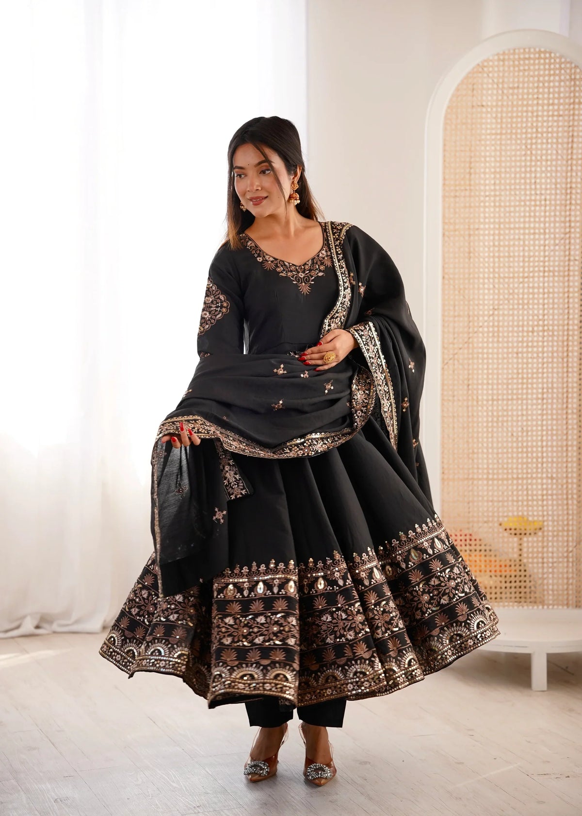 Midnight Black Embellished Roman Silk Kurta & Pant Ensemble