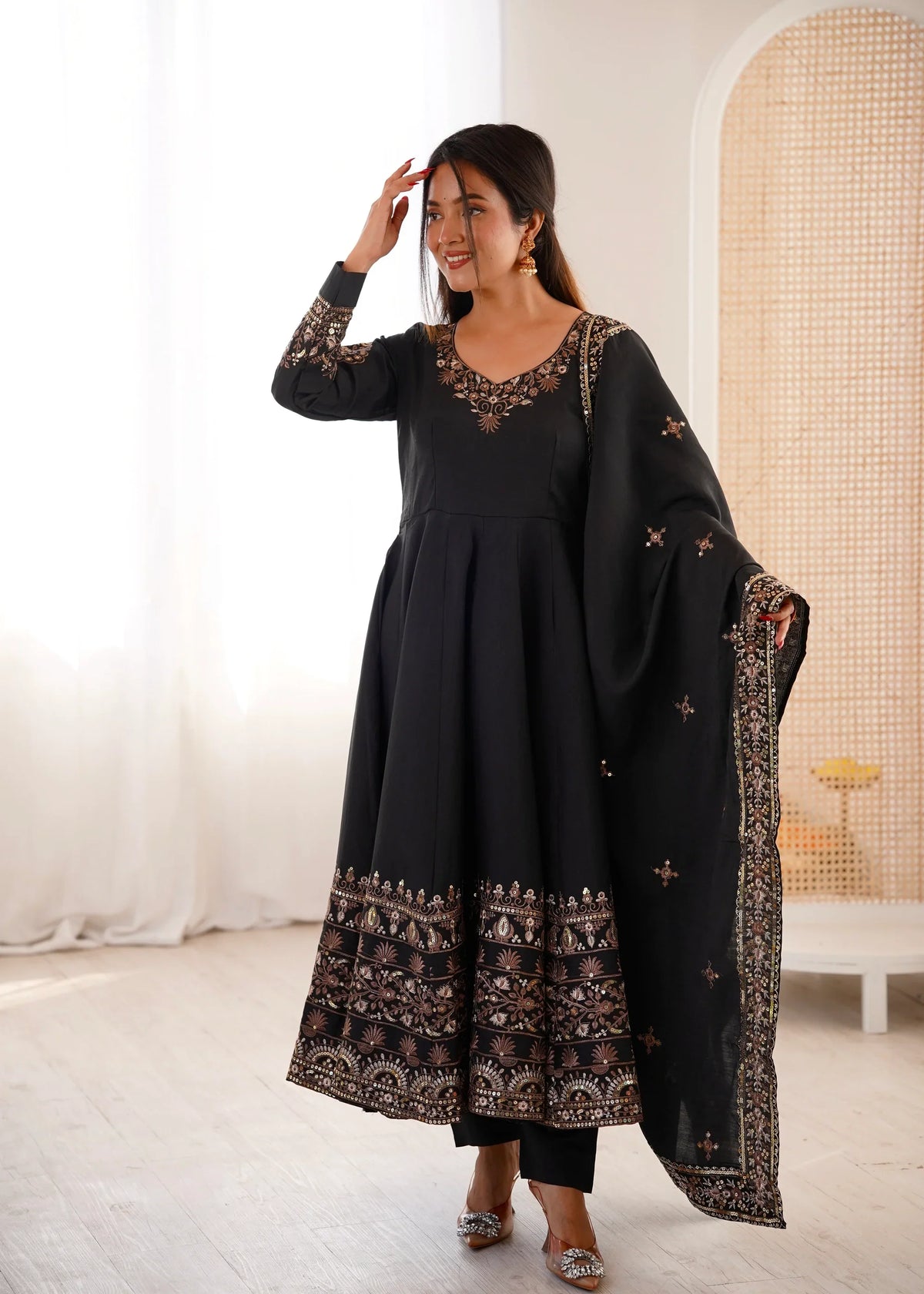 Midnight Black Embellished Roman Silk Kurta & Pant Ensemble