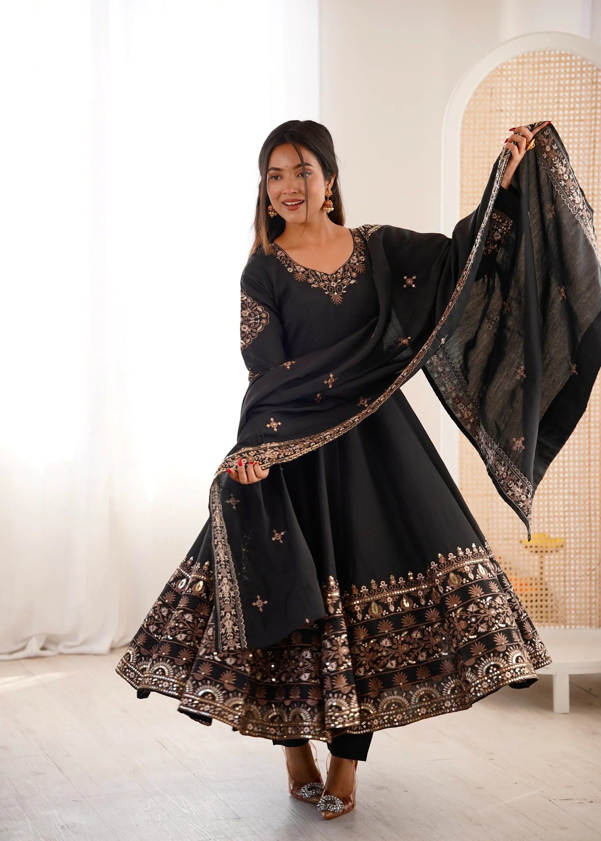 Midnight Black Embellished Roman Silk Kurta & Pant Ensemble