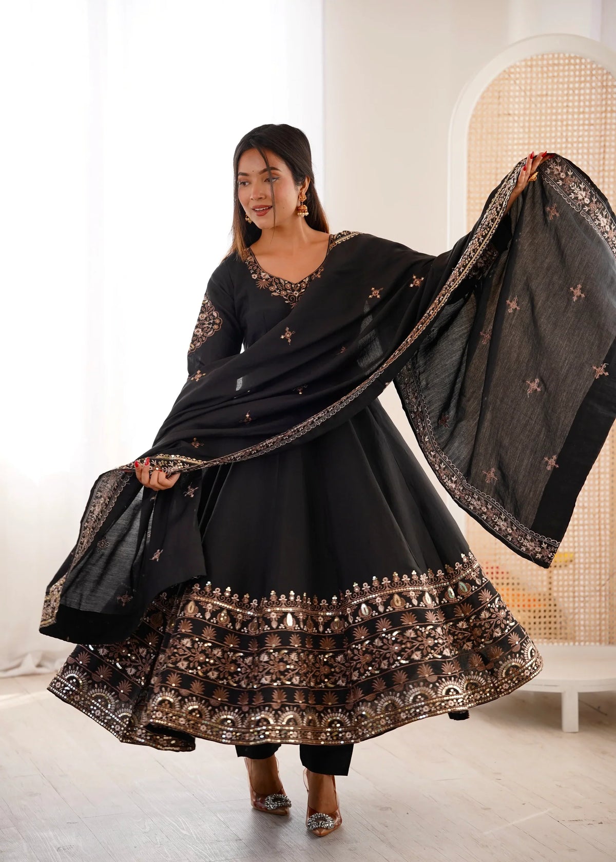 Midnight Black Embellished Roman Silk Kurta & Pant Ensemble