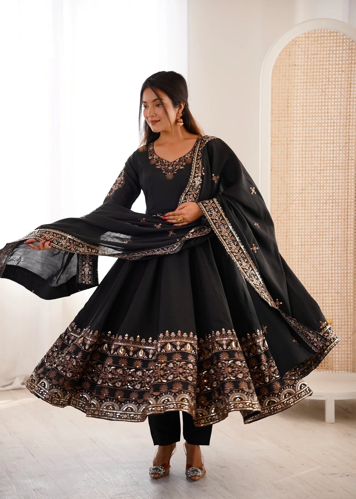 Midnight Black Embellished Roman Silk Kurta & Pant Ensemble