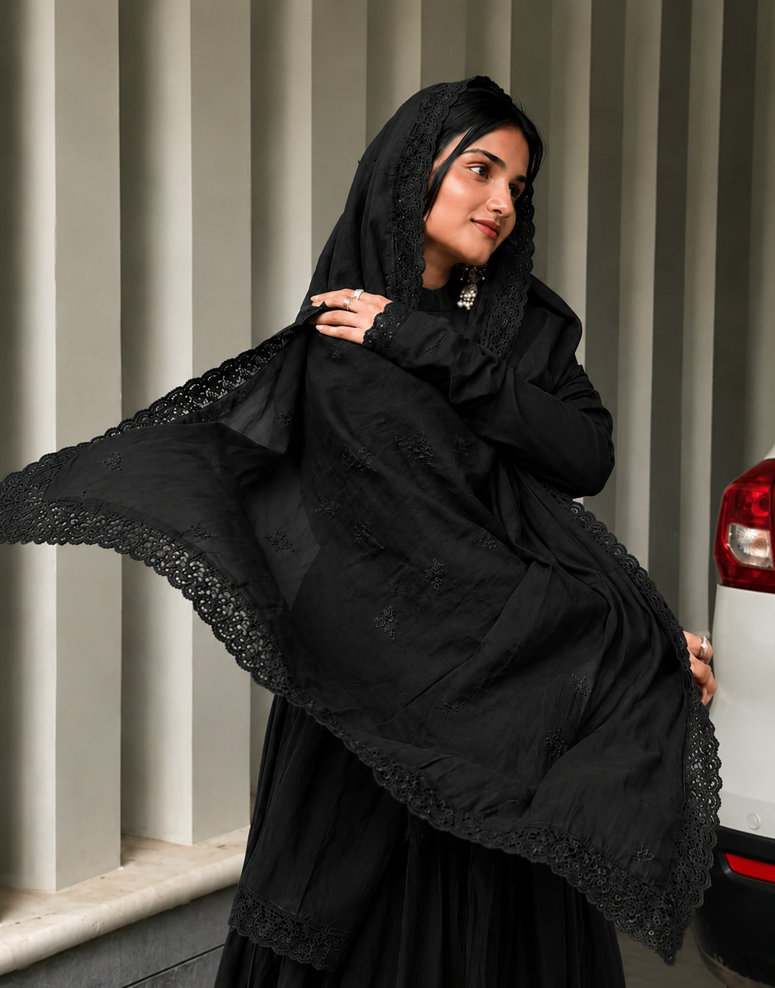 Graceful Black Cotton Anarkali Suit Ensemble for Women