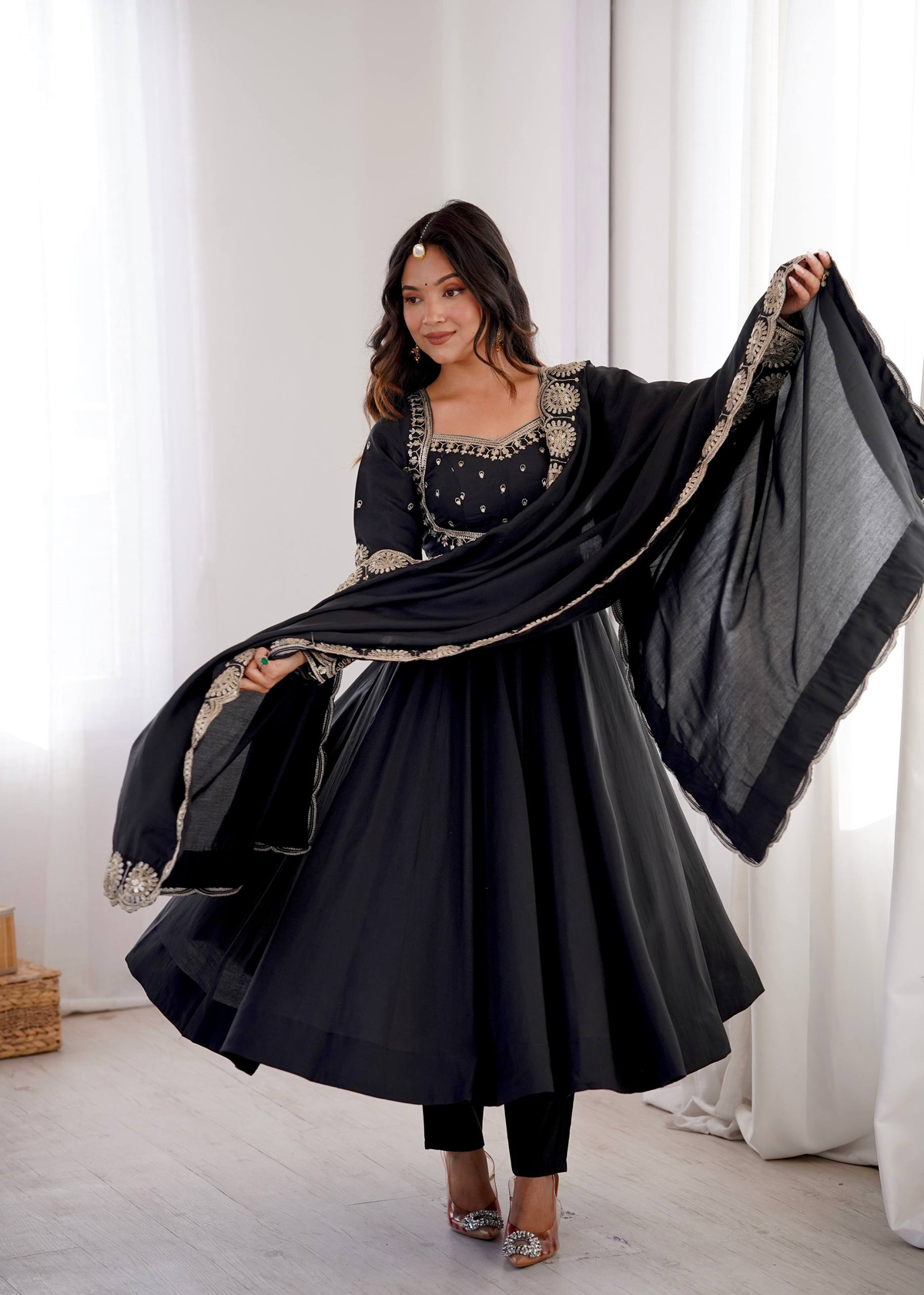 Midnight Noir Embellished Anarkali Suit Ensemble