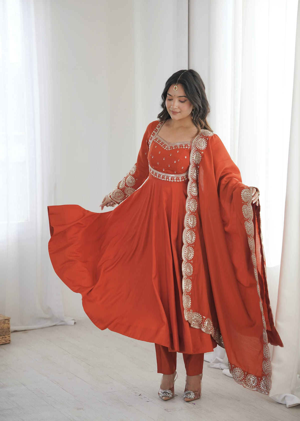 Burnt Sienna Embellished Anarkali Suit Ensemble