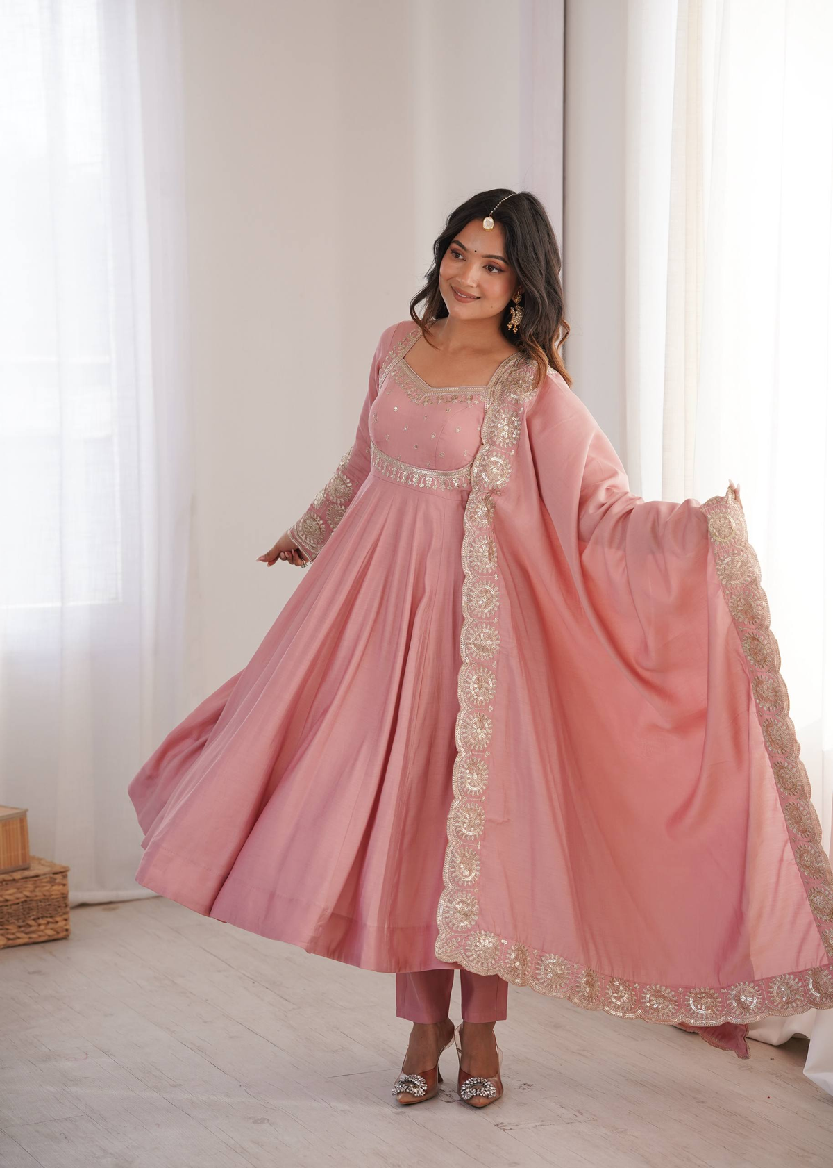 Dusty Rose Embellished Anarkali Suit Ensemble