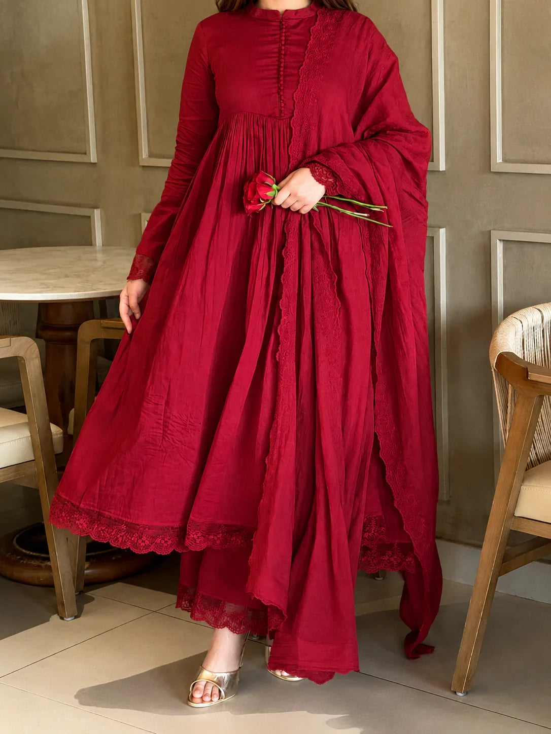 Wine Berry Anarkali Suit Ensemble with Matching Dupatta