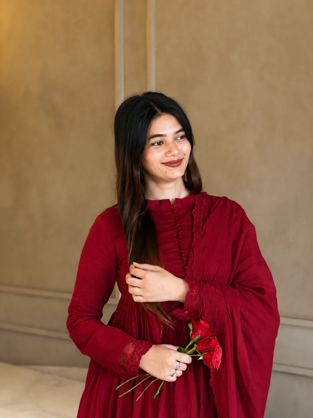 Wine Berry Anarkali Suit Ensemble with Matching Dupatta
