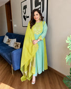 Emerald Green & Lime Yellow Embellished Anarkali Suit Ensemble
