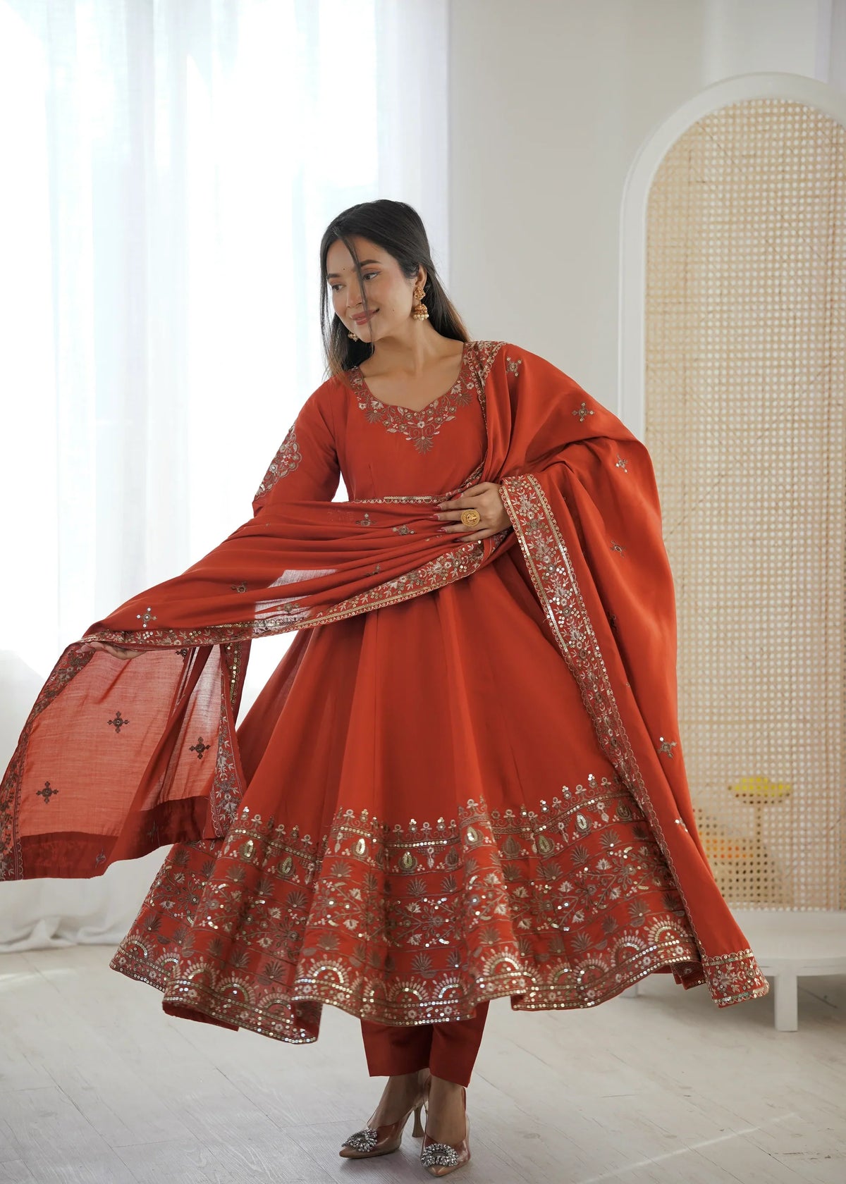 Tangerine Embellished Roman Silk Kurta Pant
