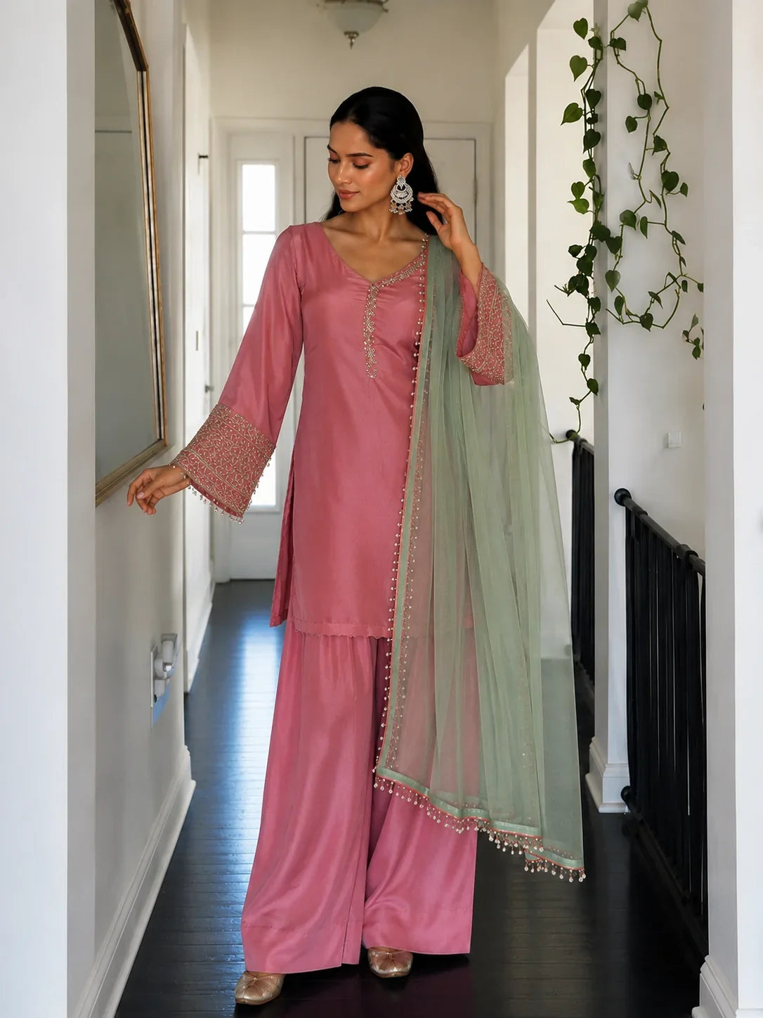 Pink Jacquard Work Embroidered Farshi Kurta Set
