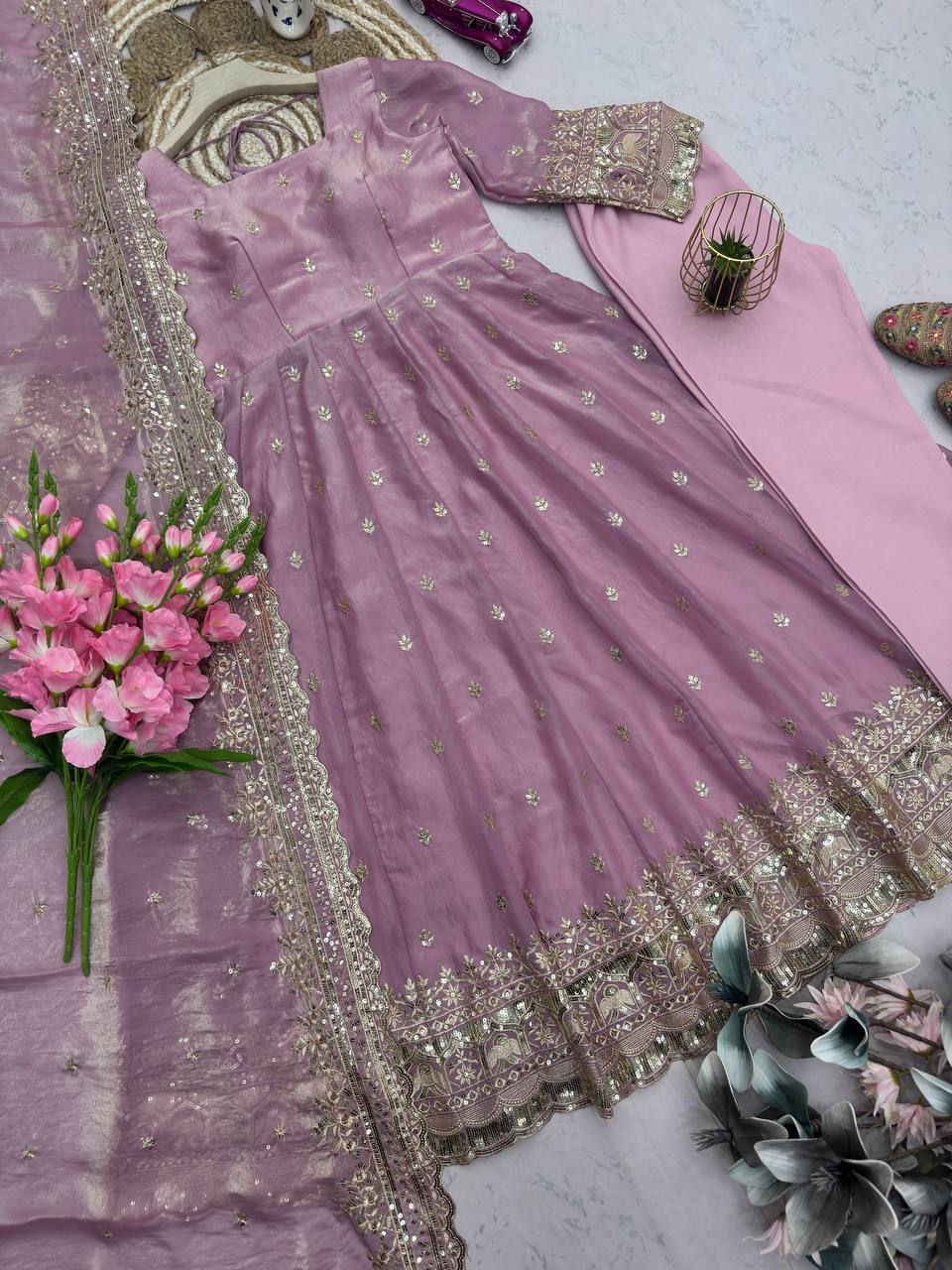 Peach Blush Fandy Silk Embellished Anarkali Suit Ensemble