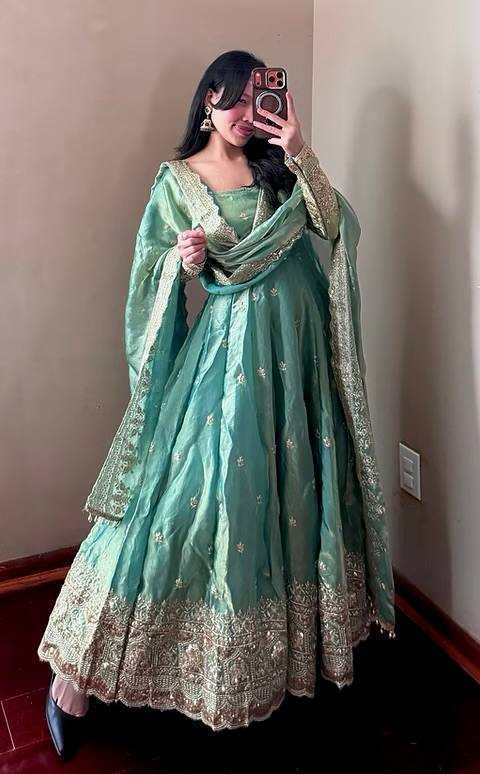 Pistachio Fandy Silk Embellished Anarkali Suit Ensemble