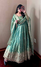 Pistachio Fandy Silk Embellished Anarkali Suit Ensemble