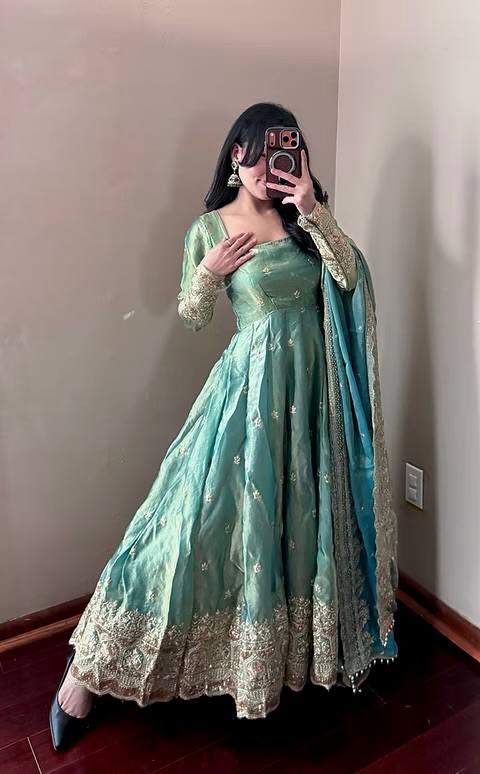 Pistachio Fandy Silk Embellished Anarkali Suit Ensemble