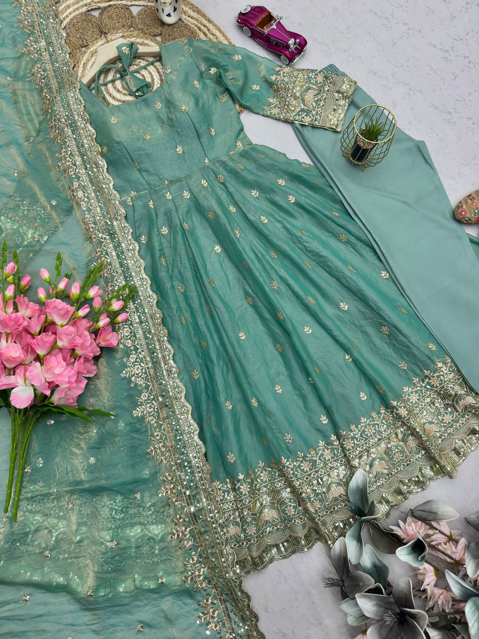 Pistachio Fandy Silk Embellished Anarkali Suit Ensemble