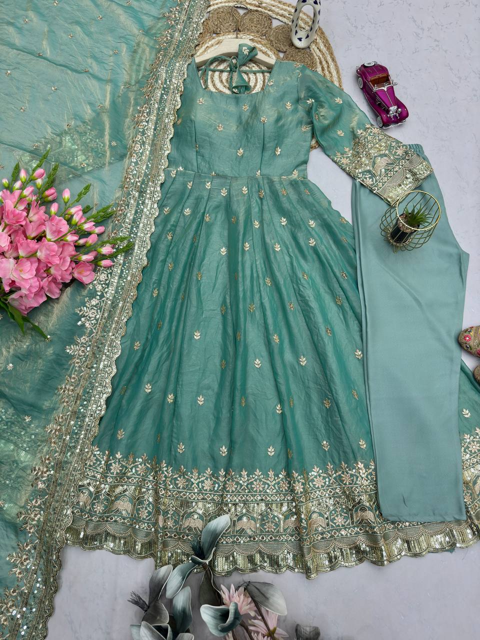 Pistachio Fandy Silk Embellished Anarkali Suit Ensemble
