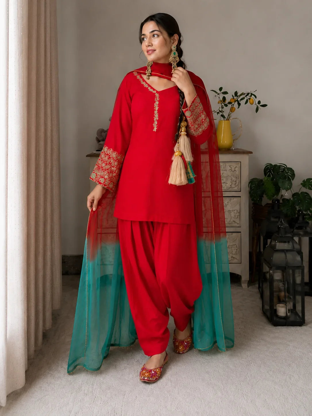 Red Jacquard Work Embroidered Farshi Kurta Set
