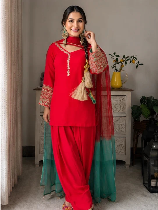 Red Jacquard Work Embroidered Farshi Kurta Set